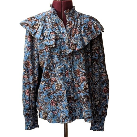 Loft blue ruffle paisley print ruffled yoke button front size Medium - Picture 1 of 9